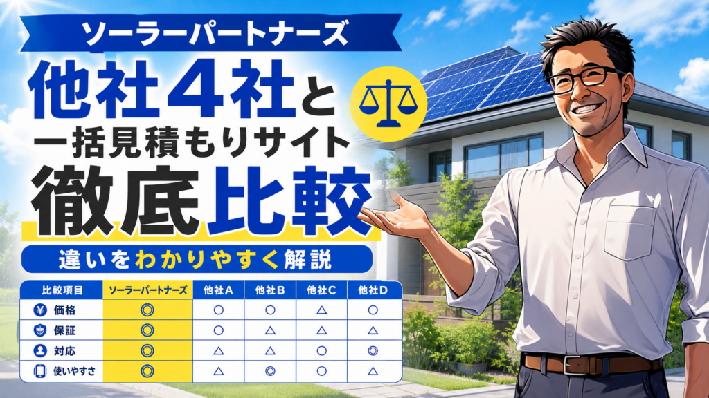 ソーラーパートナーズと他社一括見積もりサイト4社の違いを松本さんが比較表でわかりやすく解説する太陽光発電記事用画像
