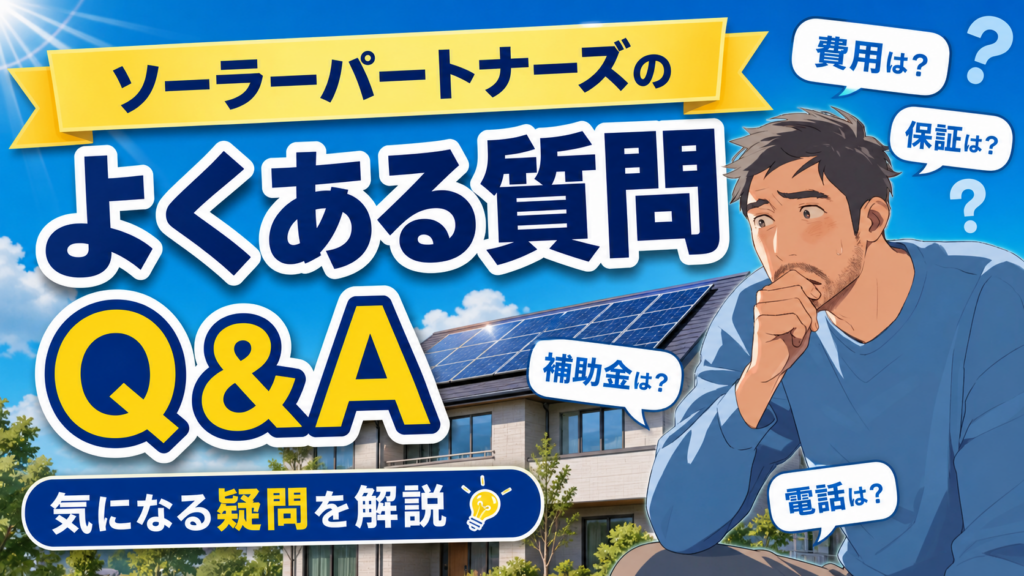ソーラーパートナーズに関する費用や保証や補助金や電話連絡などのよくある質問を佐藤さんが確認する太陽光発電記事用画像