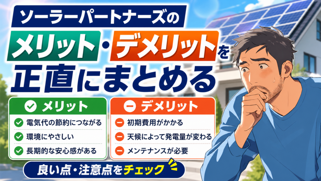 ソーラーパートナーズのメリットとデメリットを佐藤さんが正直に比較しながら確認する太陽光発電記事用画像