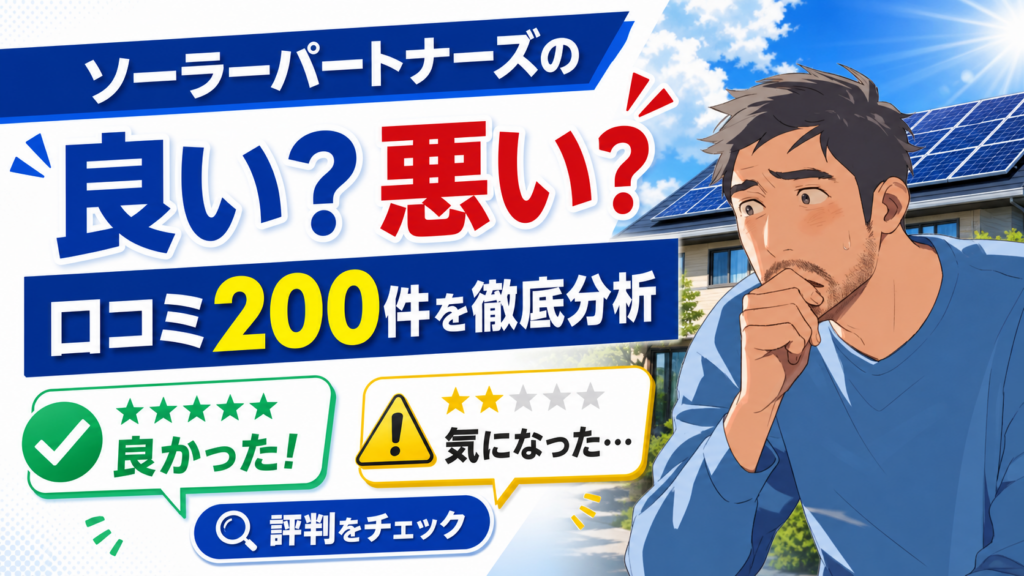 ソーラーパートナーズの良い口コミと悪い口コミ200件を佐藤さんが比較分析する太陽光発電記事用画像
