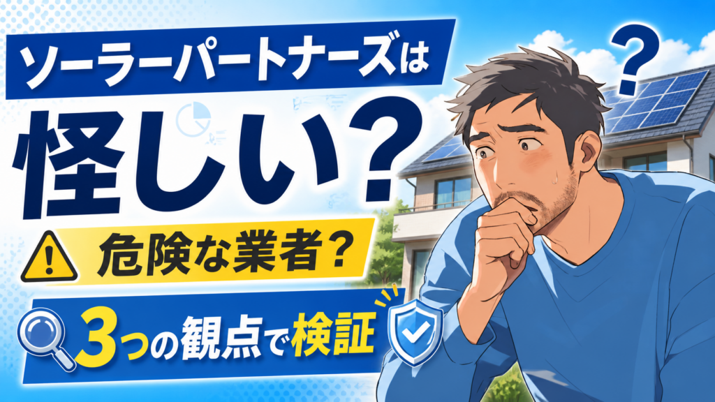 ソーラーパートナーズは怪しい危険な業者なのかを佐藤さんが不安そうに3つの観点で検証する太陽光発電記事用画像