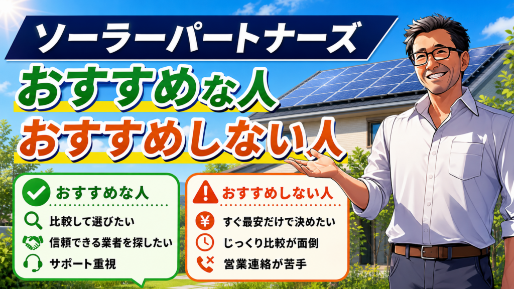 ソーラーパートナーズがおすすめな人とおすすめしない人の特徴を松本さんが比較して紹介する太陽光発電記事用画像