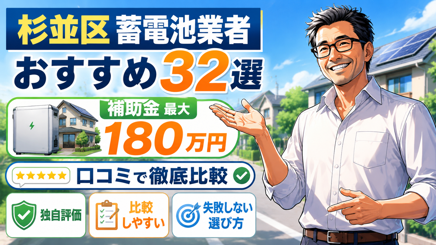 松本さんが杉並区の蓄電池業者32選を案内し、口コミ比較・独自評価・補助金最大180万円を示す画像