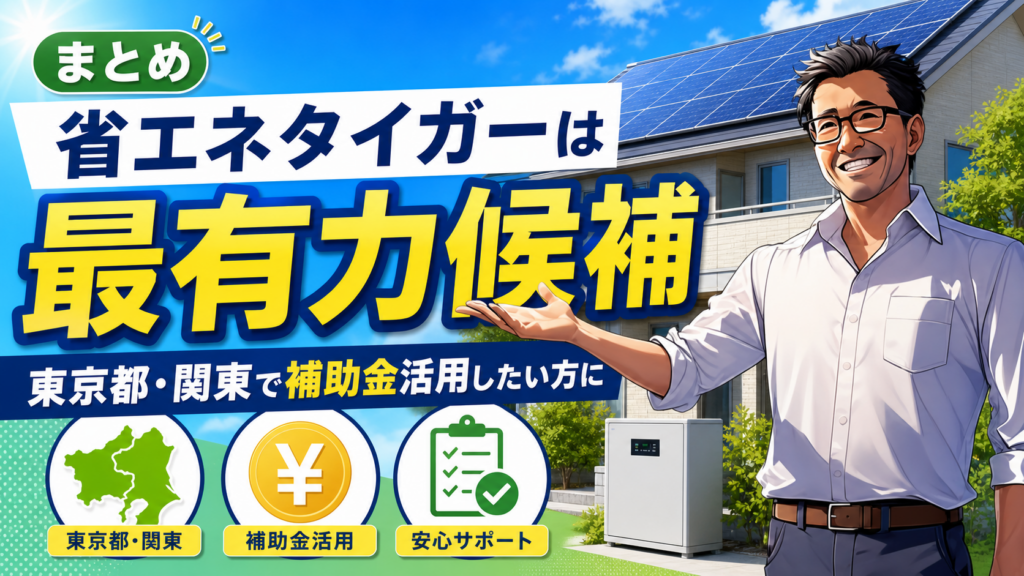 省エネタイガーは東京都・関東で補助金を活用したい人に最有力候補と伝えるまとめ画像。松本さんが太陽光パネル付き住宅と蓄電池を背景に、東京都・関東対応、補助金活用、安心サポートの強みを案内している
