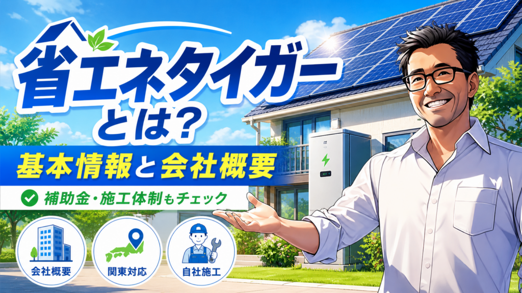 省エネタイガーの基本情報と会社概要を紹介する画像。松本さんが太陽光パネル付き住宅と蓄電池を背景に、会社概要・関東対応・自社施工の要点を案内している