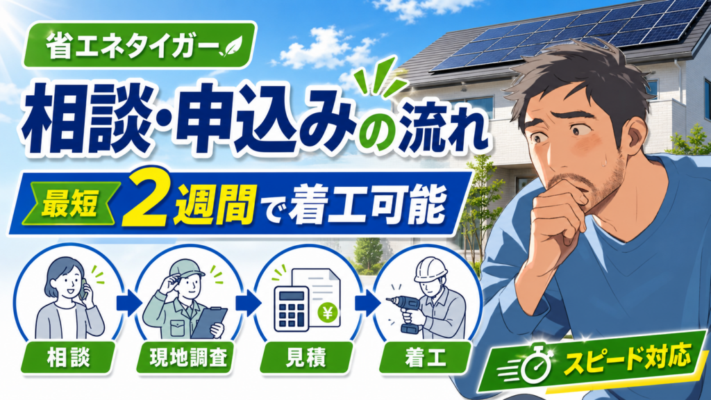 省エネタイガーへの相談・申込みの流れを紹介する画像。佐藤さんが太陽光パネル付き住宅を背景に、相談・現地調査・見積・着工までの流れと、最短2週間で着工可能なスピード対応を確認している