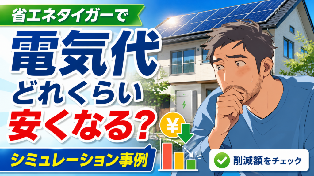 省エネタイガーで電気代がどれくらい安くなるかを示す画像。佐藤さんが太陽光パネル付き住宅と蓄電池を背景に、電気代削減額のシミュレーション事例を確認している