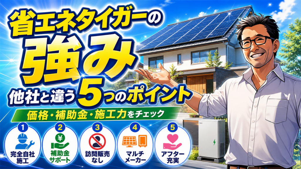 省エネタイガーの強みを5つのポイントで紹介する画像。松本さんが太陽光パネル付き住宅と蓄電池を背景に、自社施工・補助金サポート・訪問販売なし・マルチメーカー・アフター充実を案内している