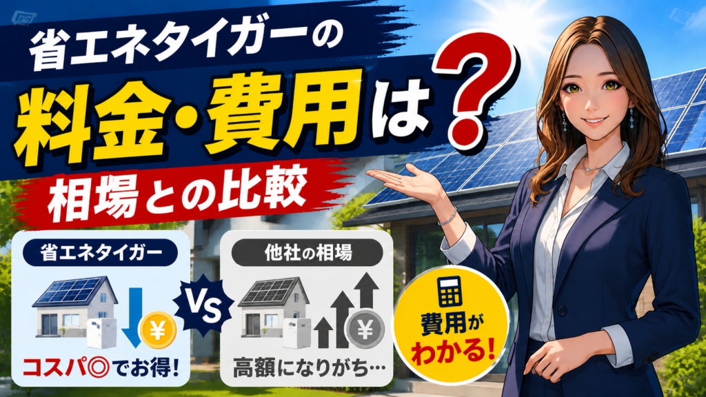 省エネタイガーの料金・費用を相場と比較する画像。森川さんが太陽光パネル付き住宅を背景に、省エネタイガーと他社相場の費用差やコスパをわかりやすく案内している
