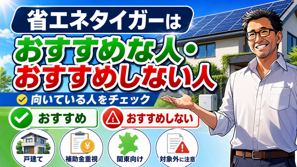 省エネタイガーがおすすめな人・おすすめしない人を整理した画像。松本さんが太陽光パネル付き住宅を背景に、戸建て・補助金重視・関東向け・対象外の注意点をわかりやすく案内している