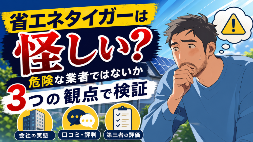 省エネタイガーは怪しい業者なのかを検証する画像。佐藤さんが不安そうに考えながら、会社の実態・口コミ評判・第三者評価の3つの観点を確認している