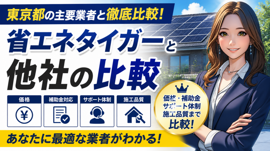 省エネタイガーと東京都の主要太陽光・蓄電池業者を比較する画像。森川さんが太陽光パネル付き住宅を背景に、価格・補助金対応・サポート体制・施工品質の比較ポイントを案内している