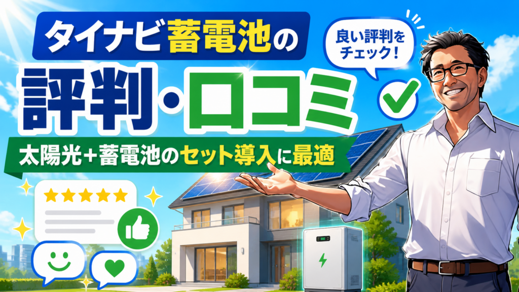 タイナビ蓄電池の評判・口コミを紹介する画像。笑顔の松本さんが太陽光パネル付き住宅と蓄電池を案内し、太陽光と蓄電池のセット導入に最適な理由を表現
