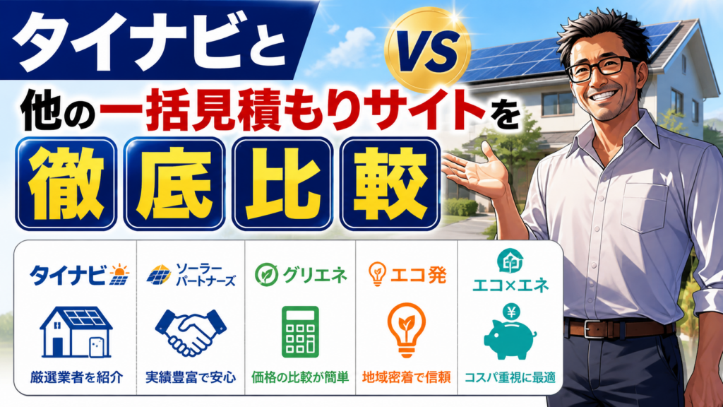 タイナビと他の一括見積もりサイトを比較する画像。笑顔の松本さんが太陽光パネル付き住宅を背景に、タイナビ・ソーラーパートナーズ・グリエネ・エコ発・エコ×エネの違いを表現