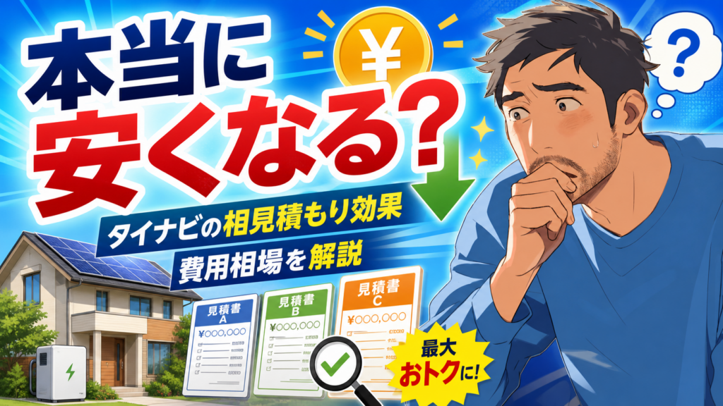 タイナビで本当に安くなるのかを解説する画像。悩む佐藤さんと太陽光パネル付き住宅、蓄電池、複数の見積書を配置し、相見積もり効果と費用相場、価格比較の重要性を表現