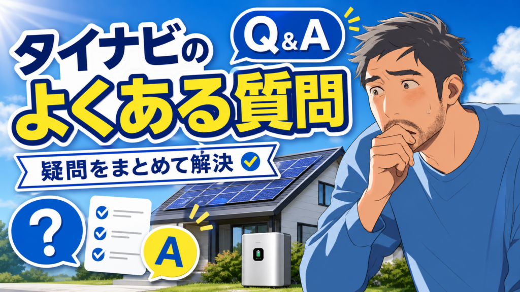 タイナビに関するよくある質問をQ&A形式でまとめる画像。悩む佐藤さんと太陽光パネル付き住宅、蓄電池、質問と回答のアイコンで疑問を解決する様子を表現