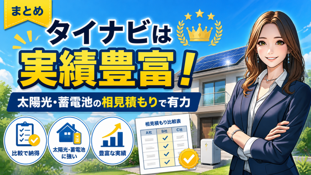 タイナビは太陽光・蓄電池の相見積もりで実績豊富なサイトだとまとめる画像。森川さんと太陽光パネル付き住宅、蓄電池、比較表や実績を示すアイコンで信頼性を表現