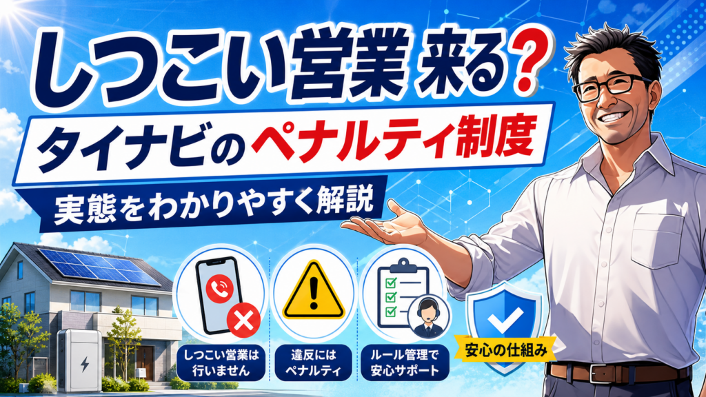 タイナビでしつこい営業が来るのかを解説する画像。笑顔の松本さんが太陽光パネル付き住宅と蓄電池、営業電話への不安、ペナルティ制度による安心の仕組みをわかりやすく表現