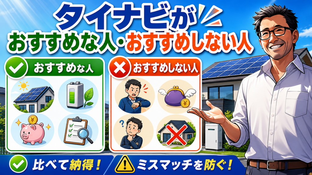 タイナビがおすすめな人とおすすめしない人を比較する画像。笑顔の松本さんが太陽光パネル付き住宅と蓄電池を背景に、向いている人・向いていない人の違いをわかりやすく表現