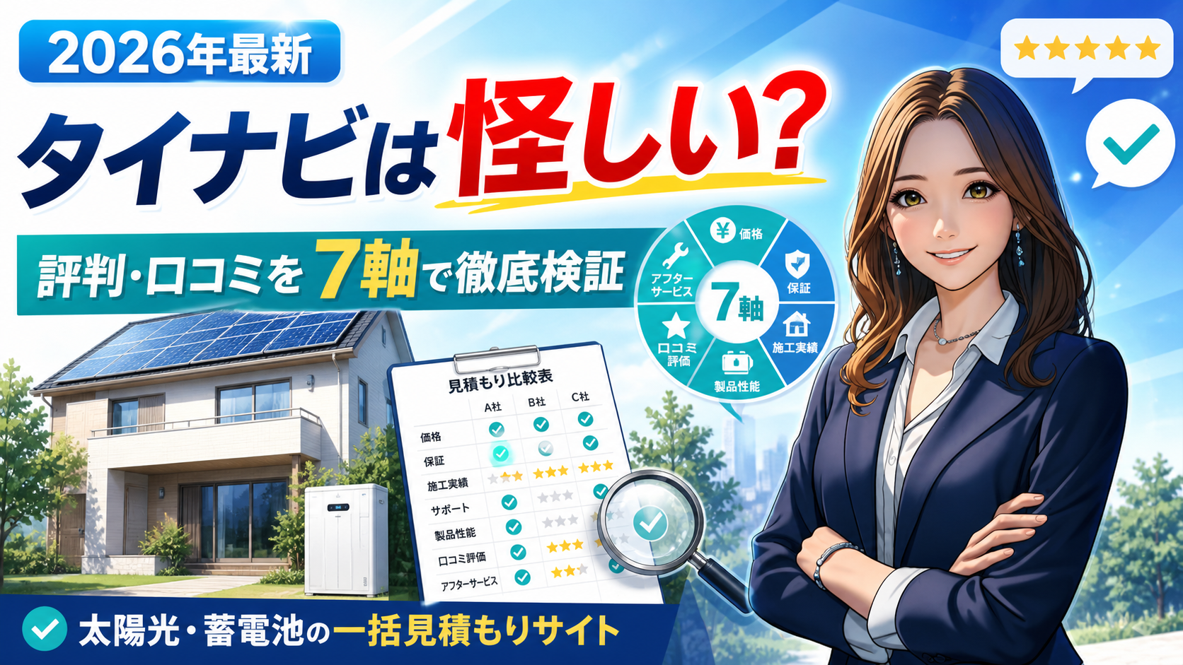 ALTタグ： 2026年最新のタイナビ評判・口コミを7軸で検証するアイキャッチ。森川さんと太陽光パネル付き住宅、蓄電池、比較表で一括見積もりの信頼性を表現