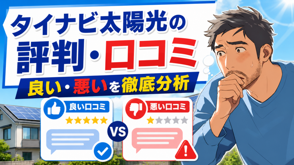 タイナビ太陽光の評判・口コミを良い口コミと悪い口コミに分けて徹底分析する画像。悩む佐藤さんと太陽光パネル付き住宅、評価比較や注意点をわかりやすく表現