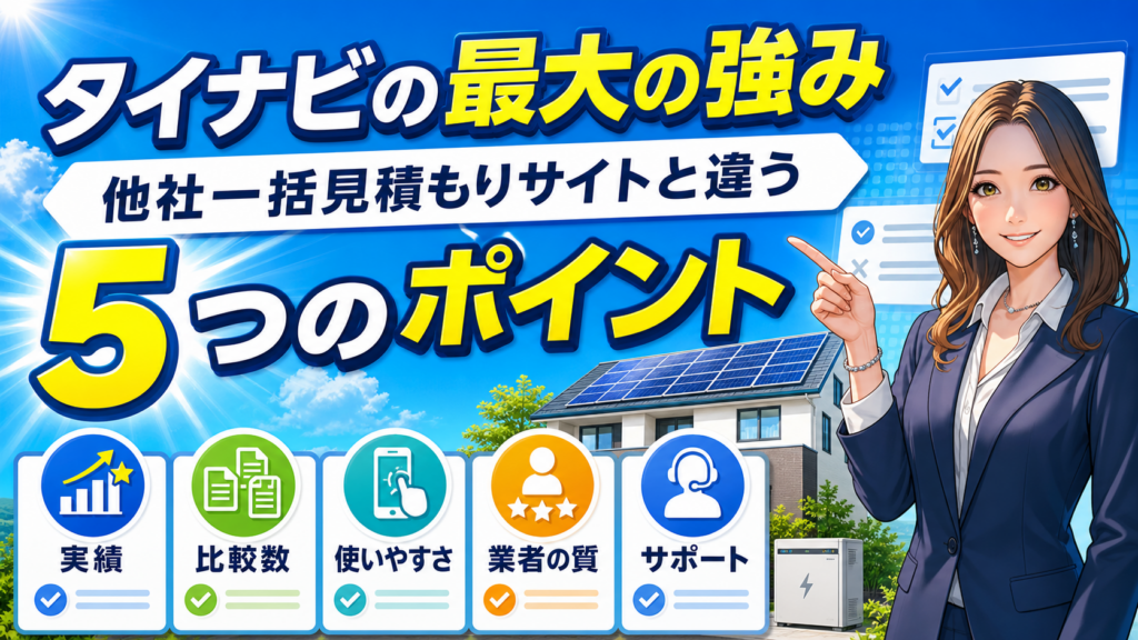 タイナビの最大の強みを他社一括見積もりサイトと比較する画像。森川さんが右を指し、太陽光パネル付き住宅と蓄電池、実績・比較数・使いやすさ・業者の質・サポートの5つのポイントを表現