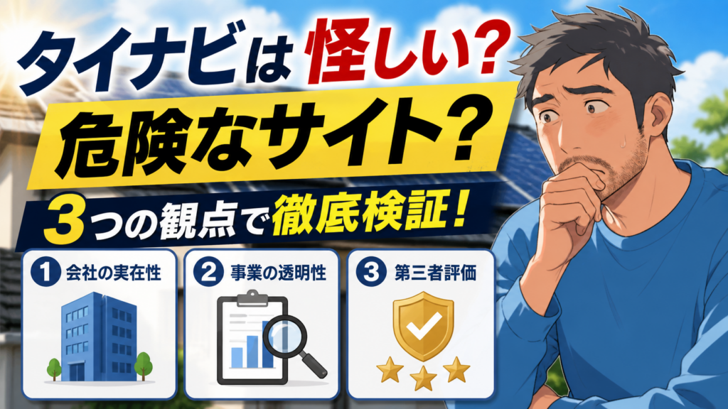 タイナビは怪しい危険なサイトなのかを3つの観点で検証する画像。悩む佐藤さんと太陽光パネル、会社の実在性・事業の透明性・第三者評価の確認ポイントを表現