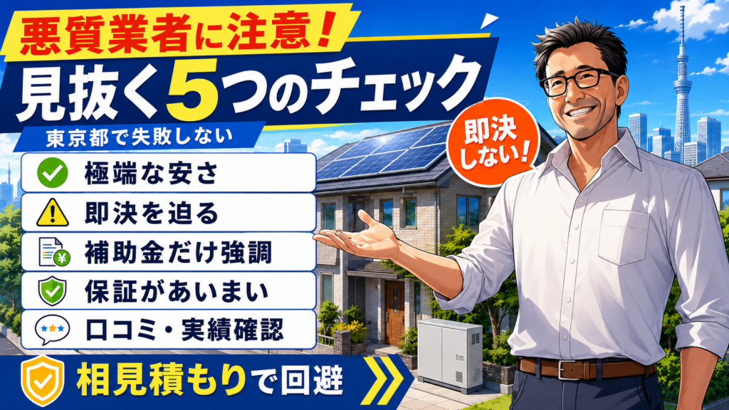 東京都で蓄電池の悪質業者を見抜く5つのチェックポイントを解説する画像。松本さんが即決回避、補助金説明、口コミ確認を案内している。