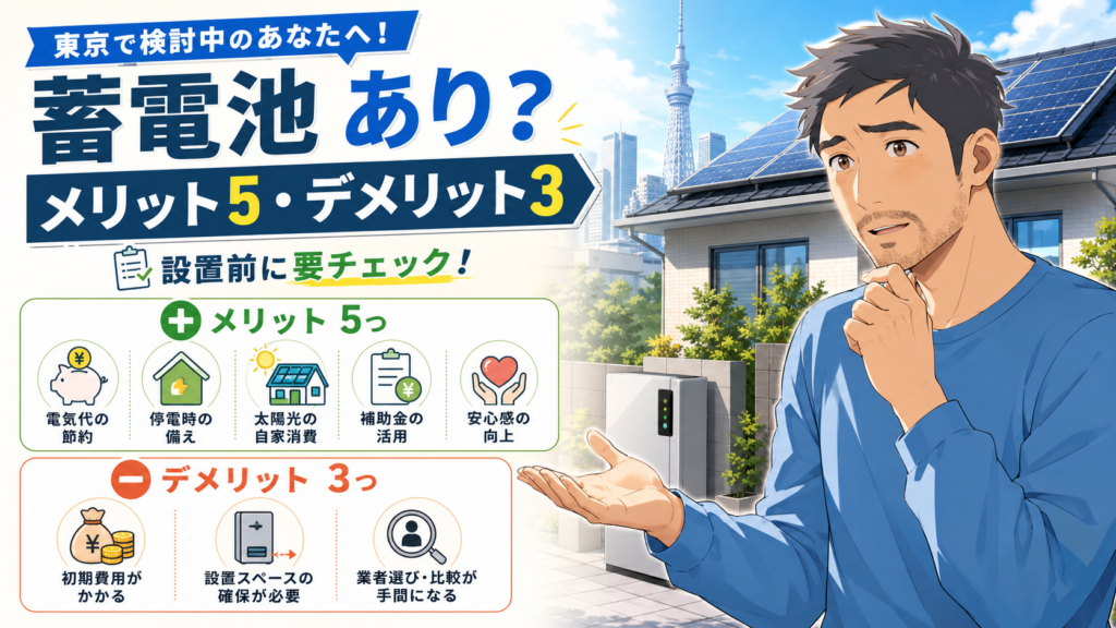 東京都で蓄電池を設置するメリット5つとデメリット3つを比較する画像。佐藤さんが費用、停電対策、設置前の注意点を確認している。
