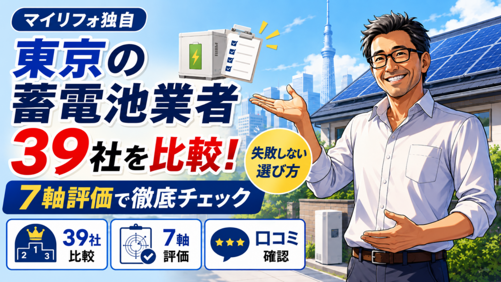 東京都の蓄電池業者39社を7軸評価で比較する画像。松本さんが口コミ確認や失敗しない選び方を案内している。