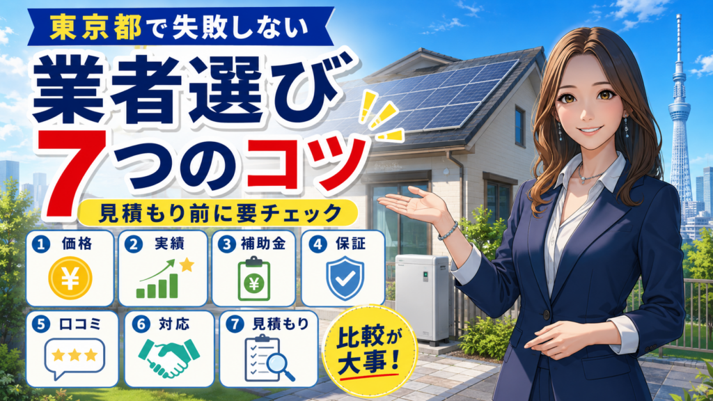 東京都で蓄電池業者を選ぶ7つのチェックポイントを解説する画像。森川さんが価格、実績、補助金、保証、口コミの比較を案内している。