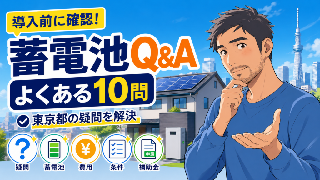 東京都の蓄電池に関するよくある質問10選を解説する画像。佐藤さんが費用、設置場所、効果、メンテナンス、保証の疑問に答えている。