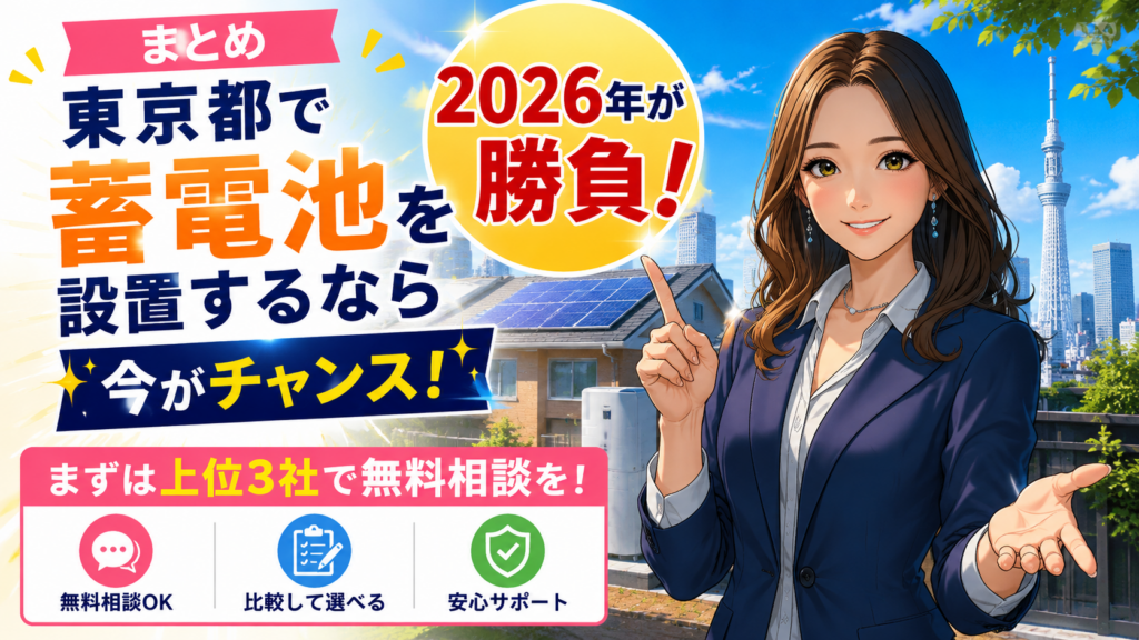 東京都で蓄電池を設置するなら2026年が勝負と伝える画像。森川さんが上位3社への無料相談、比較検討、安心サポートを案内している。