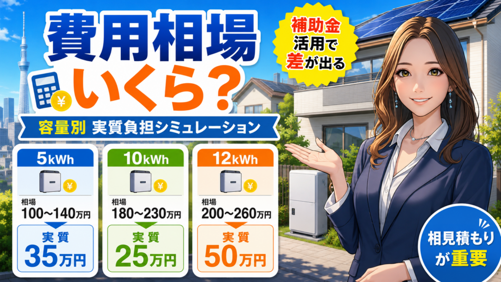 東京都で蓄電池を設置する費用相場を容量別に比較する画像。森川さんが10kWh・12kWh・16kWhの実質負担額を案内している。