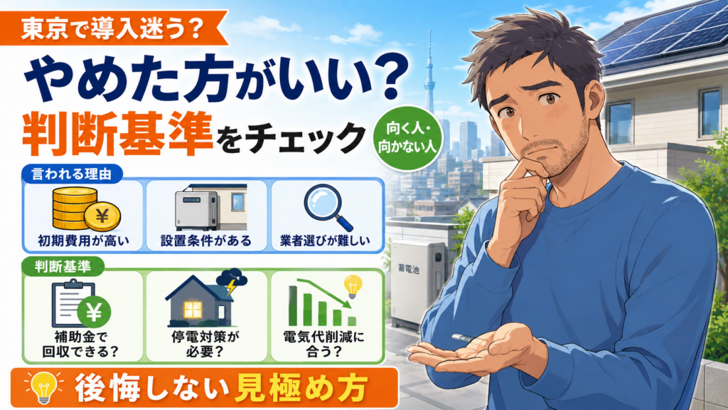 東京都で蓄電池はやめたほうがいいと言われる理由を確認する画像。佐藤さんが初期費用、設置条件、業者選びの判断基準を見極めている。