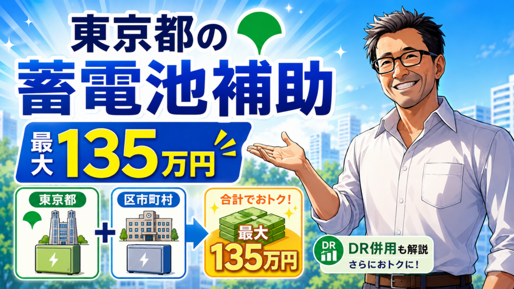 東京都の蓄電池補助金を松本さんが解説し、東京都と区市町村の併用で最大135万円、DR併用も案内する画像