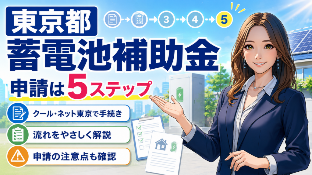 森川さんが東京都の蓄電池補助金申請を案内し、クール・ネット東京での手続きや5ステップの流れと注意点を示す画像