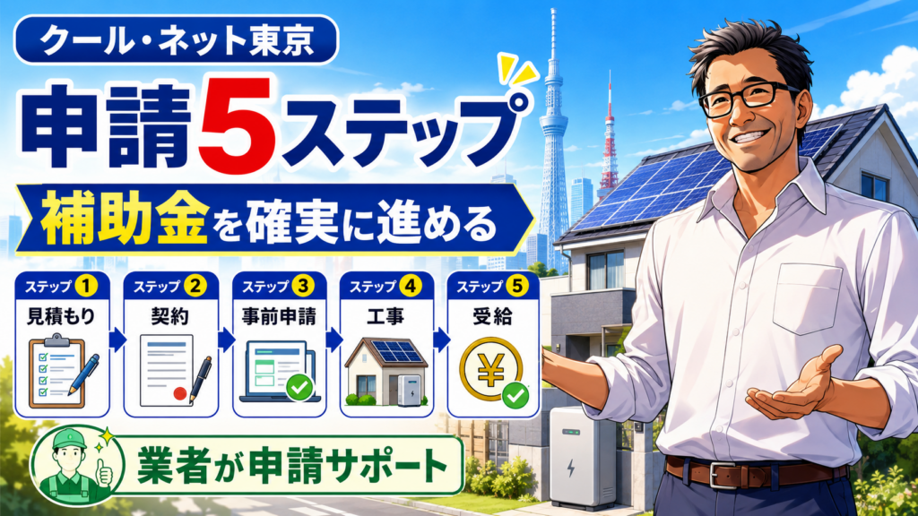 東京都の蓄電池補助金申請の5ステップを解説する画像。松本さんが見積もり、契約、事前申請、工事、受給の流れを案内している。