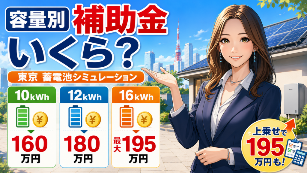 東京都の蓄電池補助金を容量別に比較する画像。森川さんが10kWh・12kWh・16kWhの補助額シミュレーションを案内している。