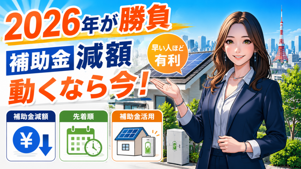 東京都の蓄電池補助金減額を伝える画像。森川さんが2026年の導入タイミングを案内し、先着順と補助金活用の重要性を示している。