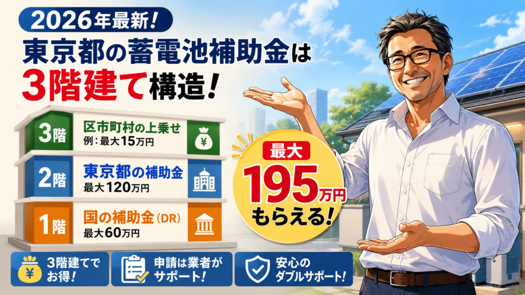 東京都の蓄電池補助金が国・都・区市町村の3階建て構造で最大195万円もらえることを、松本さんが図解で案内している。