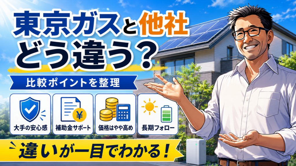 東京ガスと他の太陽光発電・蓄電池業者の違いを松本さんが解説する画像。大手の安心感、補助金サポート、価格、長期フォローなどの比較ポイントを、太陽光パネル付き住宅を背景に整理したインフォグラフィック