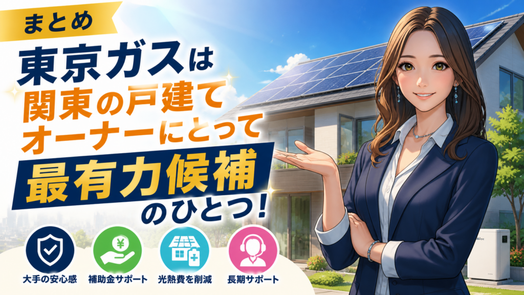 東京ガスの太陽光発電・蓄電池が関東の戸建てオーナーにとって有力候補であることを森川さんが紹介する画像。大手の安心感、補助金サポート、光熱費削減、長期サポートのポイントを住宅と太陽光パネルの背景でわかりやすく示したインフォグラフィック
