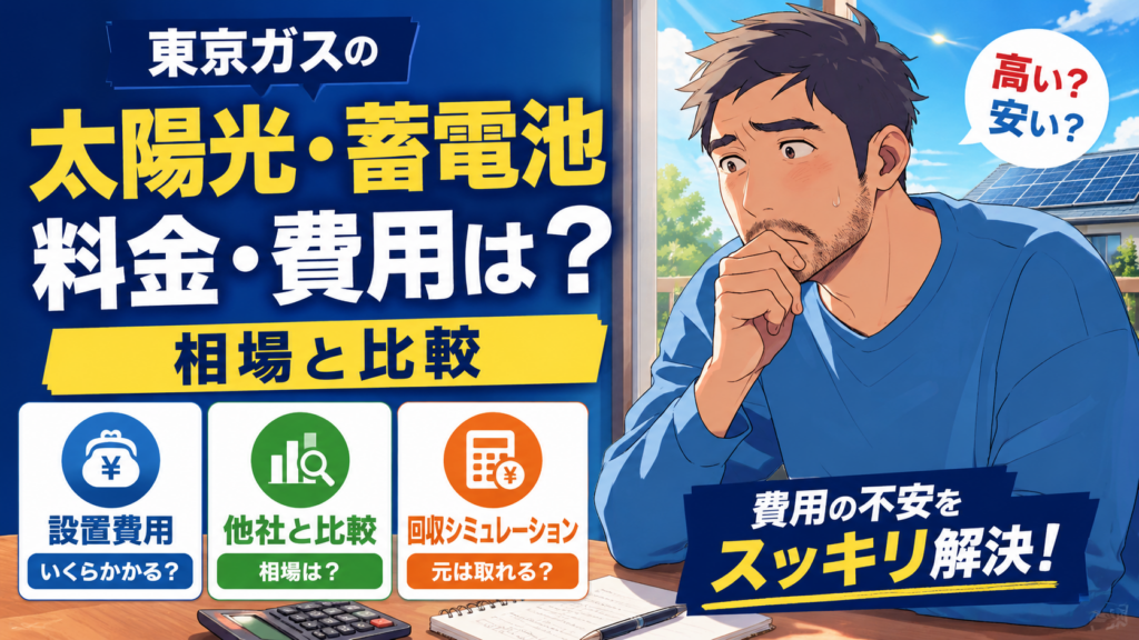 東京ガスの太陽光発電・蓄電池の料金や費用を相場と比較する画像。費用に悩む佐藤さんと太陽光パネル付き住宅を背景に、設置費用、他社比較、回収シミュレーションをわかりやすく示したインフォグラフィック