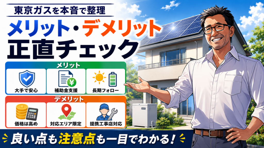 東京ガスの太陽光発電・蓄電池のメリットとデメリットを正直に整理した画像。松本さんが大手の安心感、補助金支援、長期フォローの良い点と、価格の高さや対応エリア限定などの注意点をわかりやすく解説しているインフォグラフィック