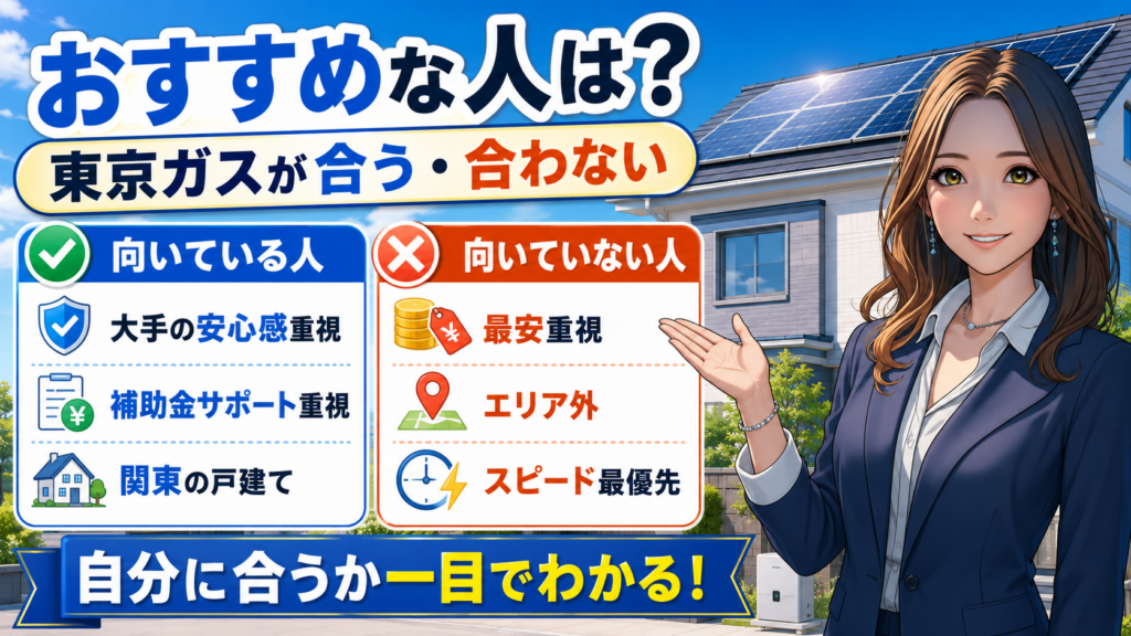 東京ガスの太陽光発電・蓄電池がおすすめな人とおすすめしない人を森川さんが解説する画像。大手の安心感、補助金サポート、関東の戸建て向けなど、向いている条件と注意点を比較して示したインフォグラフィック