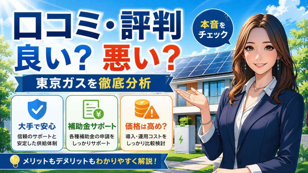 東京ガスの太陽光発電・蓄電池の口コミや評判を、森川さんが良い点と悪い点に分けて解説する画像。大手の安心感、補助金サポート、価格の高さを比較しながら徹底分析するインフォグラフィック