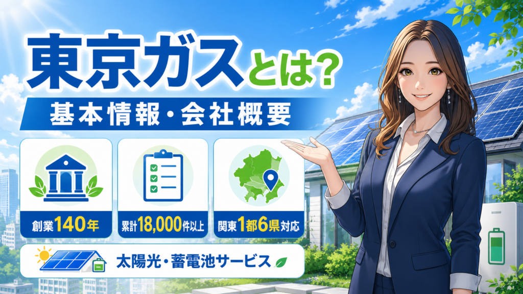 東京ガスの太陽光発電・蓄電池サービスの基本情報と会社概要を紹介するインフォグラフィック。創業140年、累計18000件以上、関東1都6県対応の特徴を、女性案内役と太陽光パネル付き住宅の背景でわかりやすく表現した画像