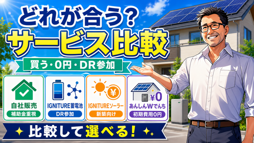 東京ガスの太陽光発電・蓄電池サービスを比較するインフォグラフィック。松本さんが、自社販売、IGNITURE蓄電池、IGNITUREソーラー、あんしんWでんちの違いを、補助金重視、DR参加、初期費用0円などの特徴とともにわかりやすく紹介している画像