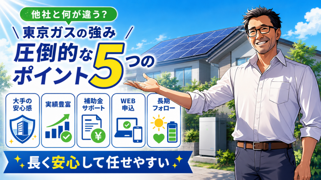 東京ガスの太陽光発電・蓄電池の強みを、松本さんが紹介するインフォグラフィック。大手の安心感、実績、補助金サポート、WEB申込、長期フォローの5つのポイントを、太陽光パネル付き住宅を背景にわかりやすく解説した画像